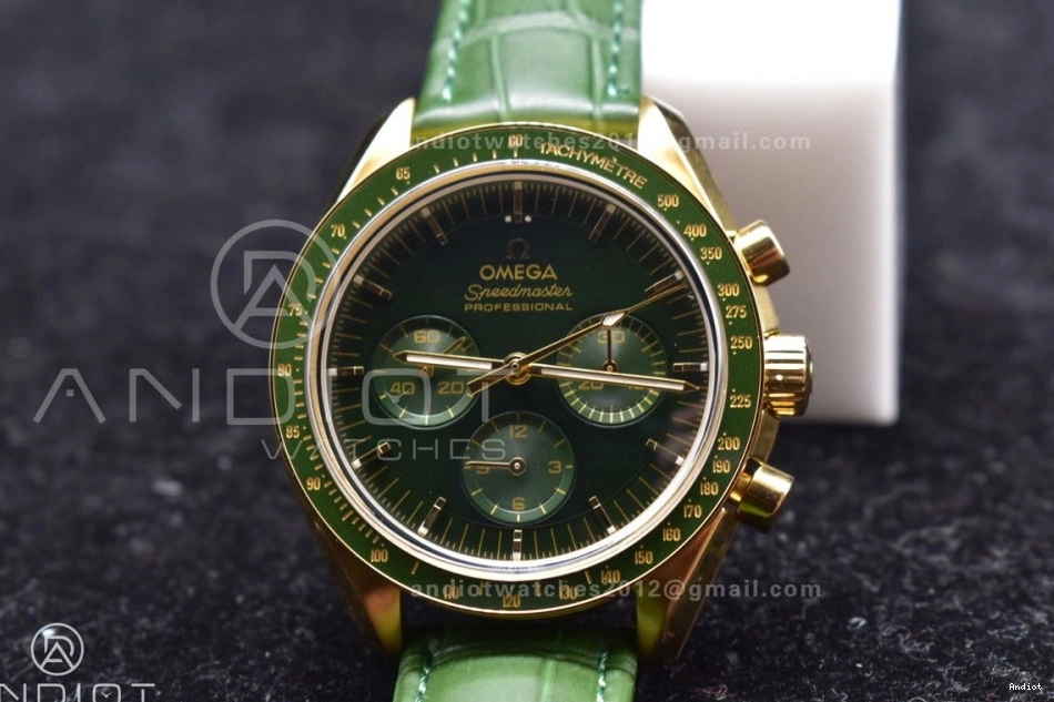 Manual Dial Moonwatch YG Green Speedmaster Strap Moonshine Green in Chrono Leather RMF Gold on Best Edition 0101